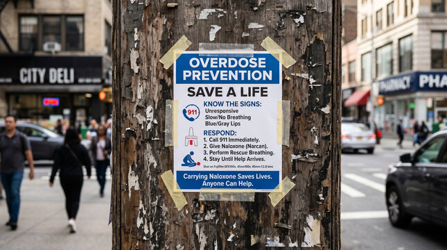 Overdose prevention poster taped to wooden pole on city street