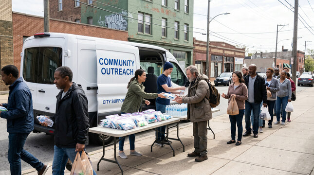Volunteers distributing care packages from outreach van on urban street