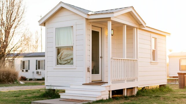 White tiny house with porch in small home community
