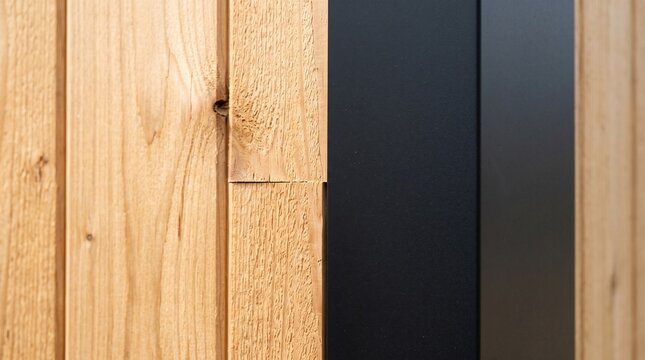 Wood siding meeting black metal trim architectural detail