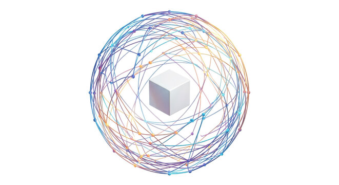 Vibrant multicolored lines encircle a central gray cube in a mesmerizing abstract composition.