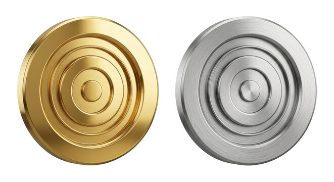 Golden and silver metallic fidget spinners on white background