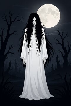 Spooky Cartoon Illustration of Female Ghost in White Dress Under Full Moon in Creepy Forest