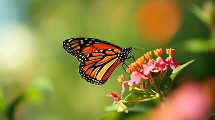 Obraz premium Close-Up Portrait of a Monarch Butterfly Delicately Resting on Bright Pink Flowers in Sunlit Garden