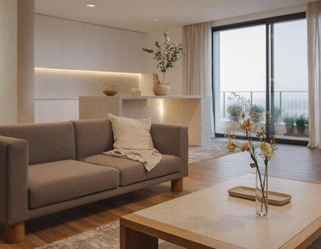 A close-up of a very modern living room featuring simple, concealed modern lighting and floral accents; the new furniture avoids a futuristic look, complementing the open-plan layout shared with the k