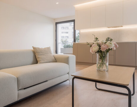 A close-up of a very modern living room featuring simple, concealed modern lighting and floral accents; the new furniture avoids a futuristic look, complementing the open-plan layout shared with the k