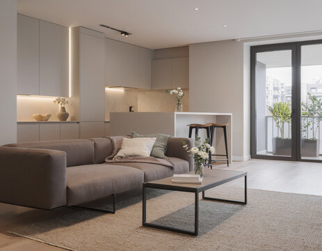 A close-up of a very modern living room featuring simple, concealed modern lighting and floral accents; the new furniture avoids a futuristic look, complementing the open-plan layout shared with the k
