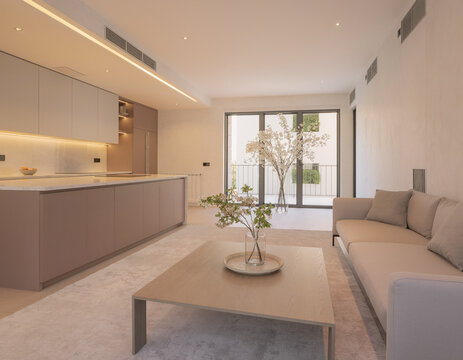 A close-up of a very modern living room featuring simple, concealed modern lighting and floral accents; the new furniture avoids a futuristic look, complementing the open-plan layout shared with the k