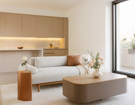 A close-up of a very modern living room featuring simple, concealed modern lighting and floral accents; the new furniture avoids a futuristic look, complementing the open-plan layout shared with the k