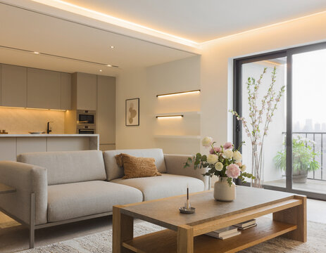 A close-up of a very modern living room featuring simple, concealed modern lighting and floral accents; the new furniture avoids a futuristic look, complementing the open-plan layout shared with the k