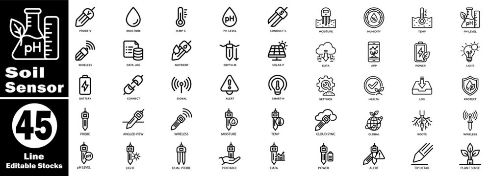 Soil sensor line icons set with editable stroke vector illustration isolated on transparent background. 