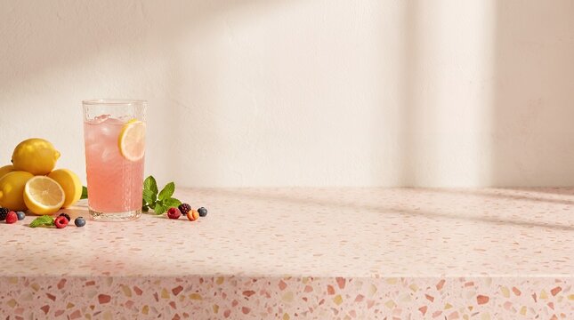 Refreshing pink lemonade with ice lemons and raspberries on a terrazzo cafe table background with copy space lemonade beverage refreshing raspberry