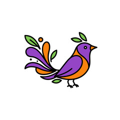 Fototapeta premium Colorful Bird with Abstract Tail and Leaves Illustration.