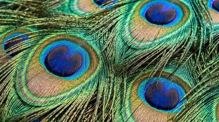 Naklejka premium Close-up macro texture of vibrant green and blue peacock feathers with natural iridescence and detailed patterns