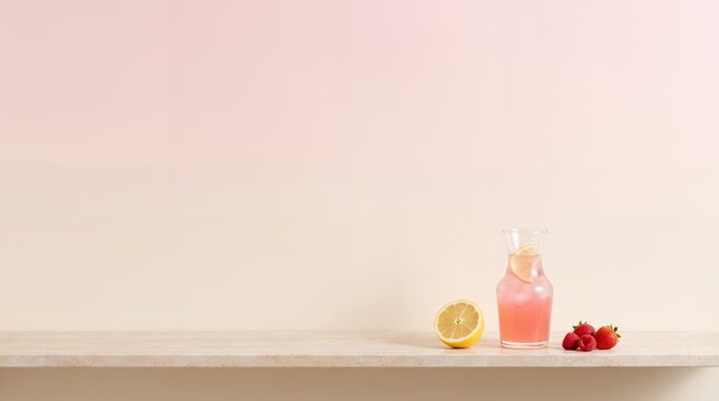 Glass of cold pink lemonade with fresh raspberries and lemon slice on menu background lemonade beverage background raspberry refreshing restaurant