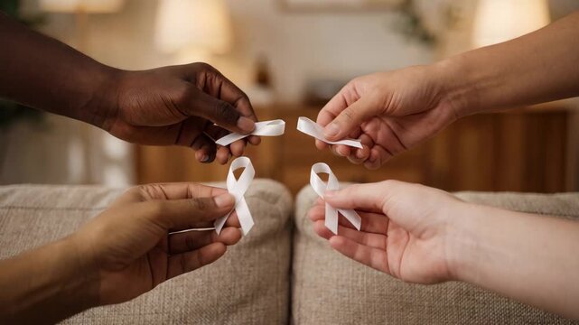 Diverse hands holding white awareness ribbons, unity and support