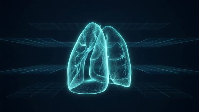 Teal wireframe human lungs on navy background, medical technology