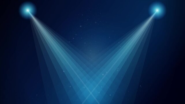 Animated blue spotlights crossing on a dark stage background. Dramatic lighting effect for concerts, theater productions, presentations, award ceremonies, entertainment, and motion graphics projects.