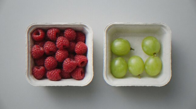 A high-angle studio shot of two pulp paper punnets, one filled with fresh red raspberries and the other containing a small handful of green grapes, set against a neutral grey background.