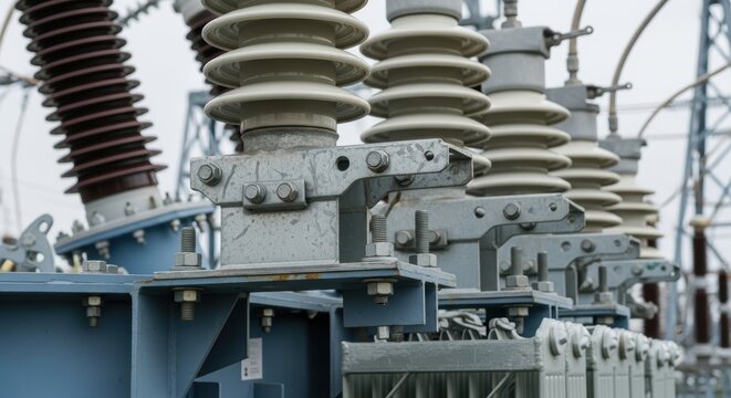 Electrical transformer components connected in power substation with metal insulators
