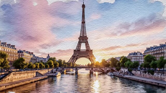 Watercolor-Style Sunset in Paris Showcasing the Eiffel Tower Reflected Across the Seine River