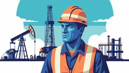An oil worker in safety gear stands before an industrial drilling site at sunrise. © Grogolan