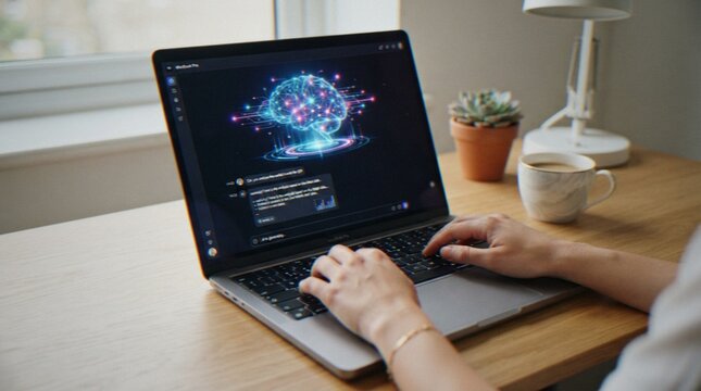 A close-up view of a person working on a laptop at a wooden desk with a glowing artificial intelligence brain graphic on the screen.