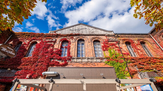 Hakodate, Japan - October 24 2025 : Hakodate Meijikan is a shopping mall with beautiful red-brick building constructed in 1911 as the former Hakodate Post Office
