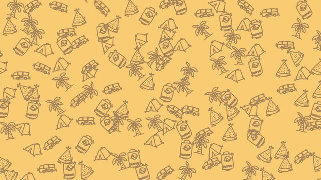Repeating pattern icons of small palm trees, yellow camping tents, simple outline graphics. Ideal for travel blogs, outdoorthemed designs.