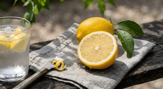 Fresh cut lemons and zester tool with a glass of iced lemon water