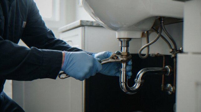 A professional plumber wearing blue latex gloves uses a wrench to tighten or repair the metal pipes underneath a bathroom sink in a residential home.