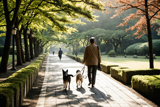 Rear view of a senior man walking two dogs on a paved path in a beautiful sunny park