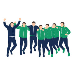 Fototapeta premium A coach and substitute players jumping together at the sidelines in euphoria, collective team celebration, solid block colors of tracksuit navy and green, minimalist flat vector artwork, clipart