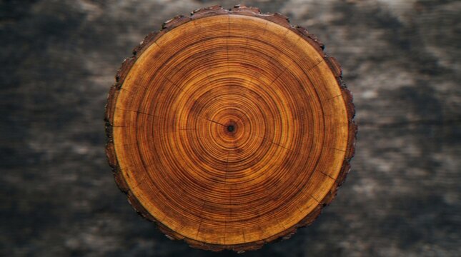 A top-down view of a circular wooden log slice showing detailed tree rings and natural bark texture.