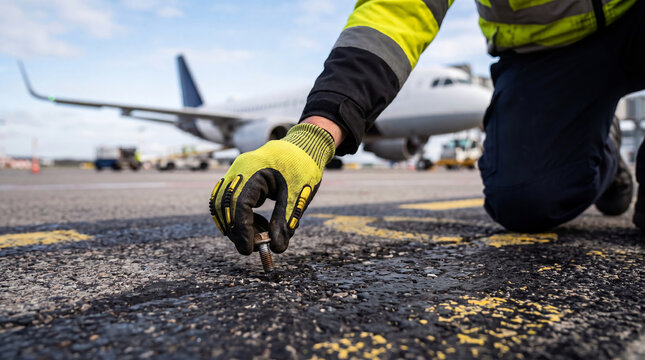 Ground worker removes metal bolt FOD from airport tarmac.