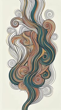 a vertical arrangement features multicolored flowing lines and concentric spiral motifs rendered in a graphic, linear art style against a solid off-white background.