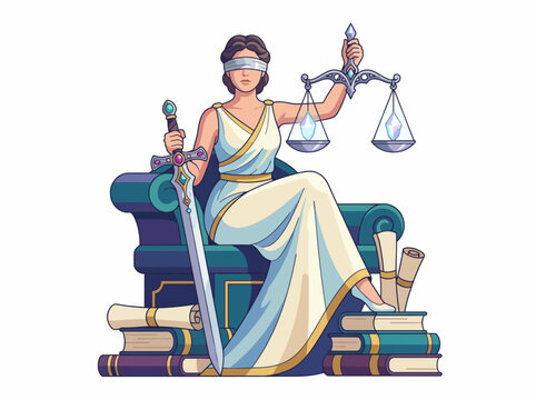 A powerful depiction of Lady Justice holding scales and a sword, symbolizing law, fairness, and the pursuit of justice in a visually striking artistic representation.