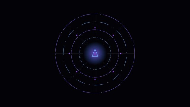 Neon blue glowing triangle centered within concentric circular radar rings