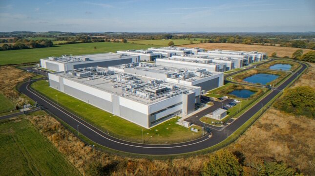 An aerial view of a large modern data center complex surrounded by rural landscape and drainage ponds.