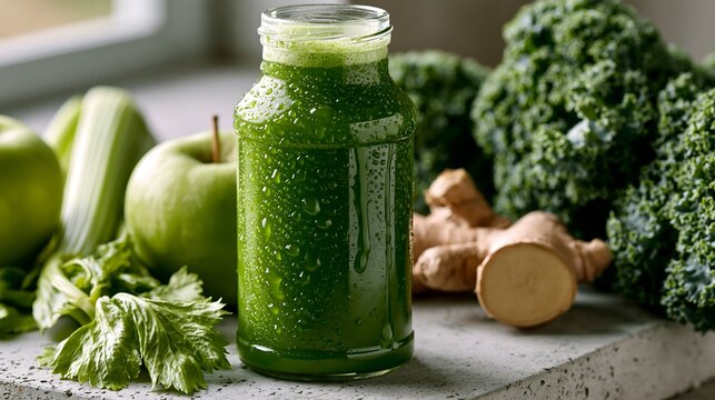 Fresh cold pressed green juice glass bottle vegetables on table