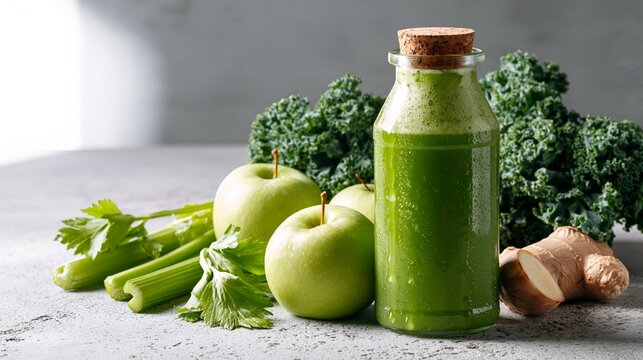 Fresh cold pressed green juice glass bottle vegetables on table