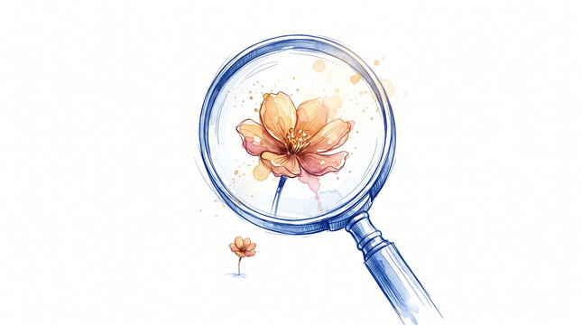 Amber cobalt watercolor ink magnifying glass on wildflower, representing mental health healing through deliberate attention, mindfulness of beauty and gratitude practice concept