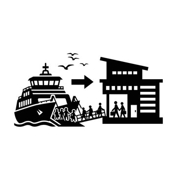 Ferry docking with passengers disembarking to modern building