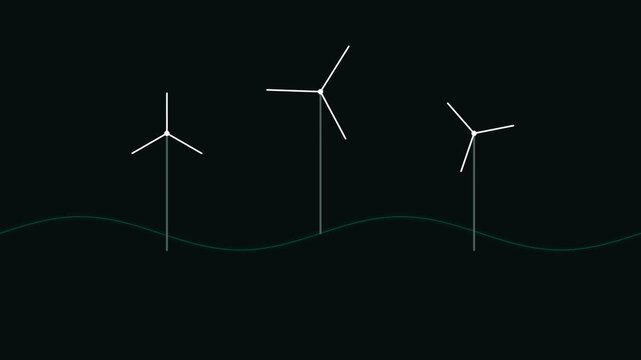 Minimalist graphic of three wind turbines standing above a rolling horizon