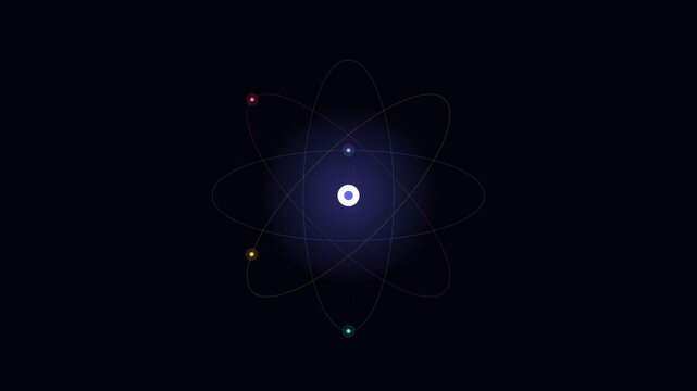 A glowing atomic structure model with orbiting particles on black background