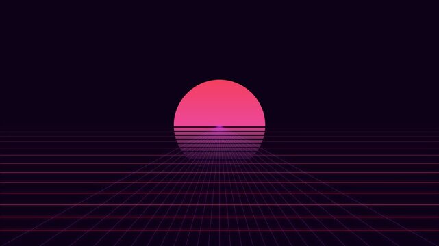 A vibrant glowing red sun hovering over a digital synthwave horizon grid