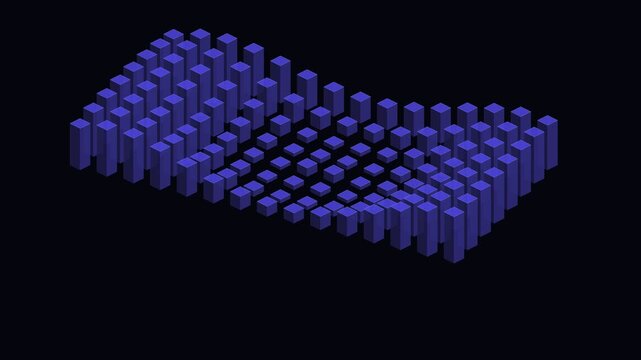 Abstract wave of blue 3d pixel blocks arranged in a grid on black background