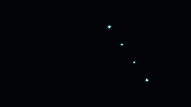A diagonal arrangement of four glowing white circles on a black background