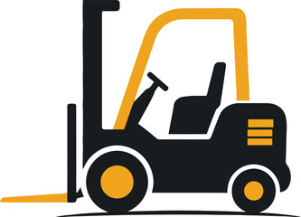 Modern black and orange forklift featuring lifting forks, driver seat, steering wheel, safety frame, and bold wheels. Ideal for warehouses, logistics companies, factories, cargo handling, stickers © Netsolbiz