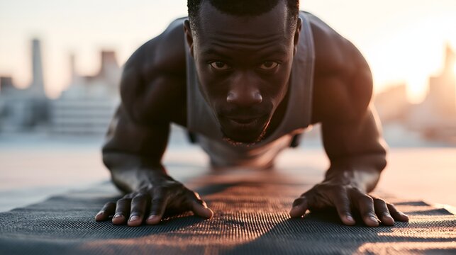 Athletic man doing plank exercise on fitness mat outdoor rooftop